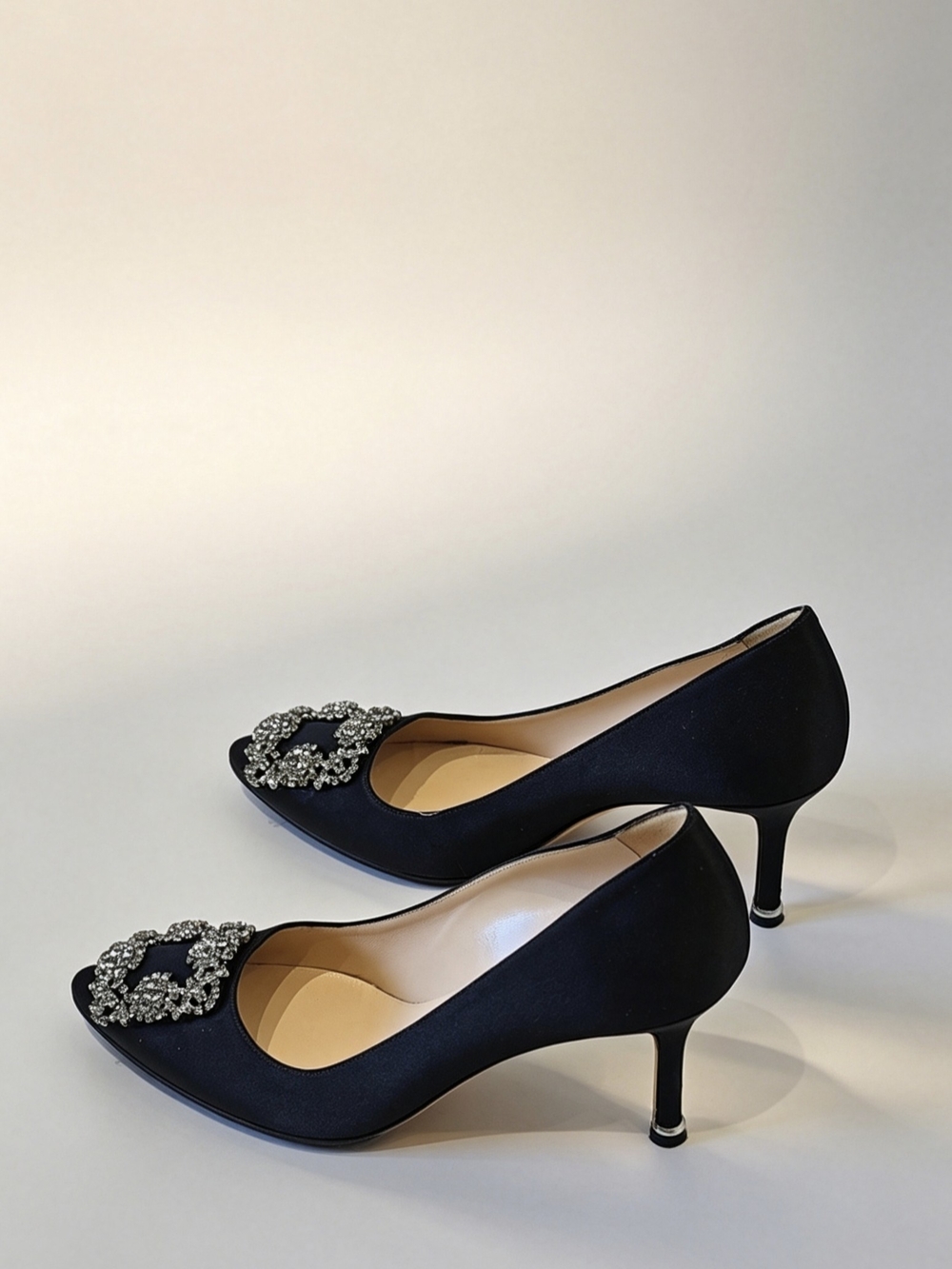 Manolo Blahnik Black Satin Hangisi Crystal-Embellished Pumps - Picture 9 of 12